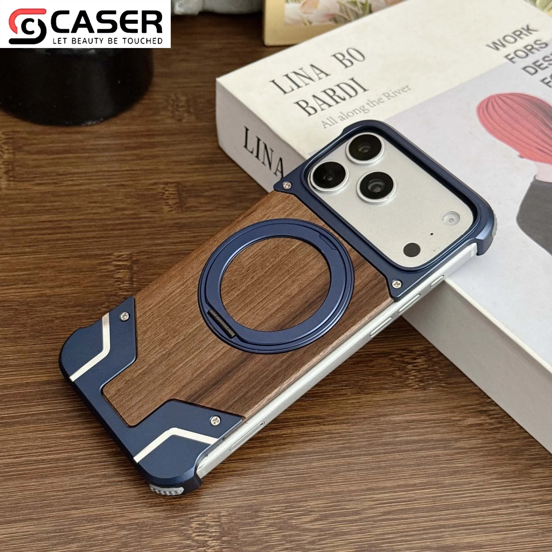 Magnetic Ring Phone Case With Hidden Kickstand Natural Walnut Wood Metal Bezel Anti Drop Cool Mecha Phone Cover for iPhone 13-17