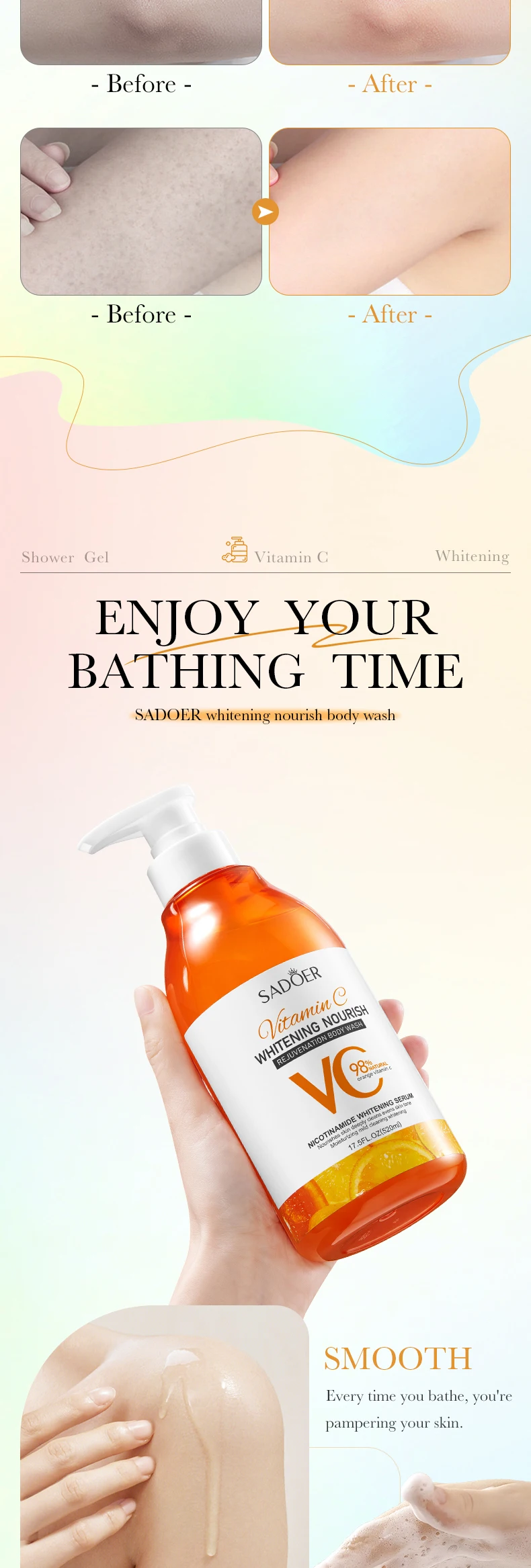 OEM ODM 520ml SADOER Vitamin C Shower Gel wholesale Moisturizing Women Nourishing Whitening VC Body Wash details