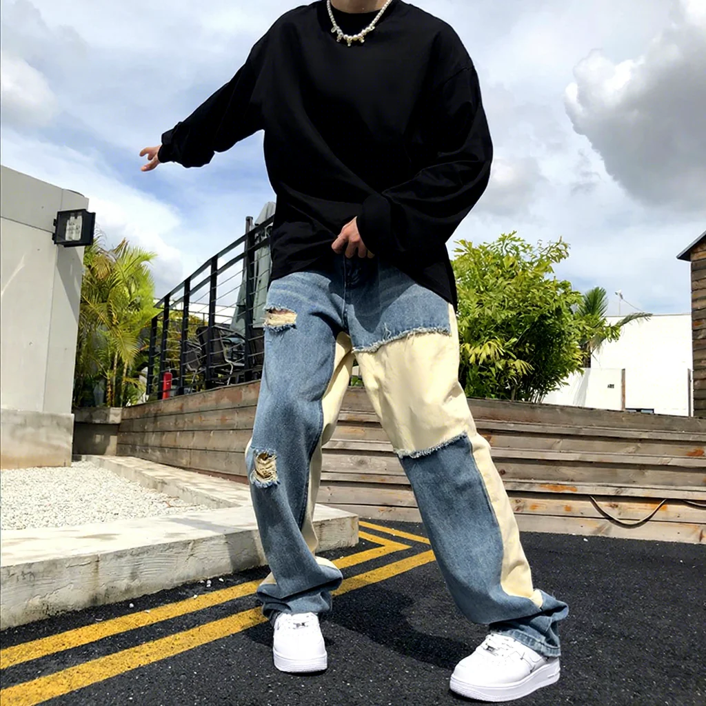 Men's Y2K Street Style High Street Embroidery Patch Work Baggy Jeans Custom Stitching Ripped Denim Breathable and Waterproof
