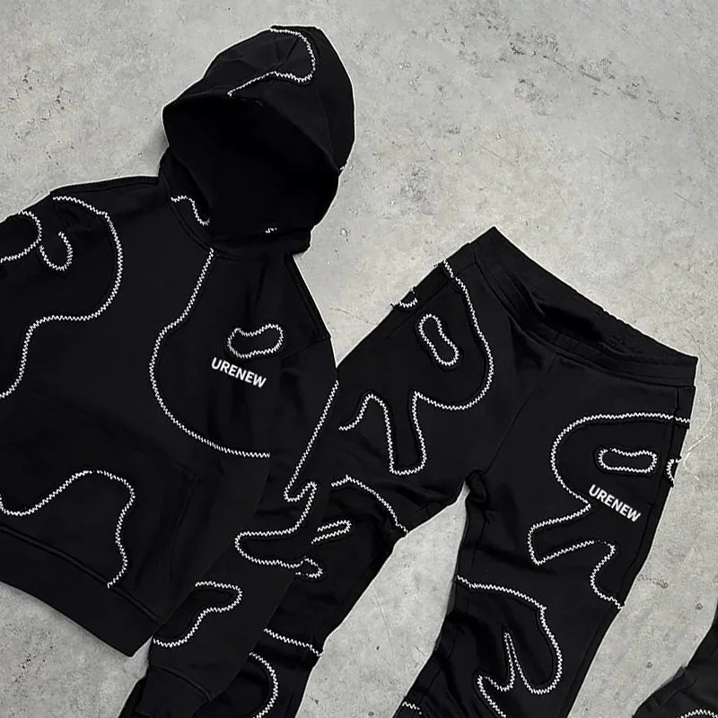 OEM Custom Embroidery Patch Sweatsuit Wash Vintage Hoodie Distressed Embroidery Straight Leg Flared Sweatpants and Hoodie Set gallery 2