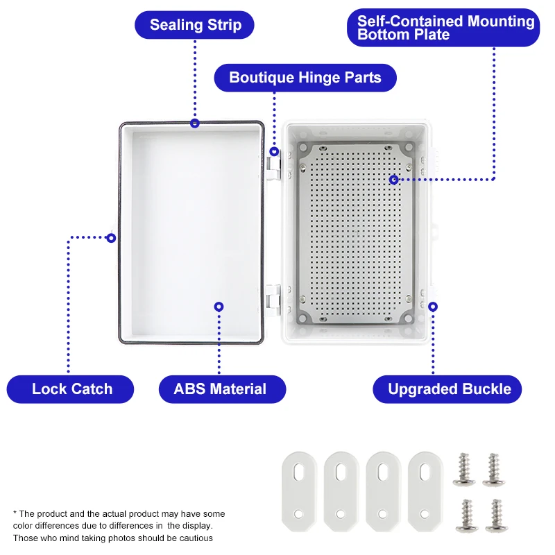 Boîte de jonction électrique en plastique ABS transparent avec couvercle à charnière étanche IP67 avec plaque de montage, supports muraux et vis pour l'extérieur
