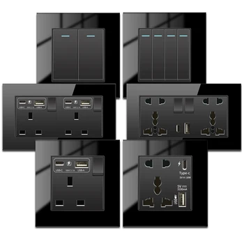 Tempered Glass Wall Light Switch Button Black UK Plug 13A Universal Wall Socket with Usb , UK switches and socket 110V-220V