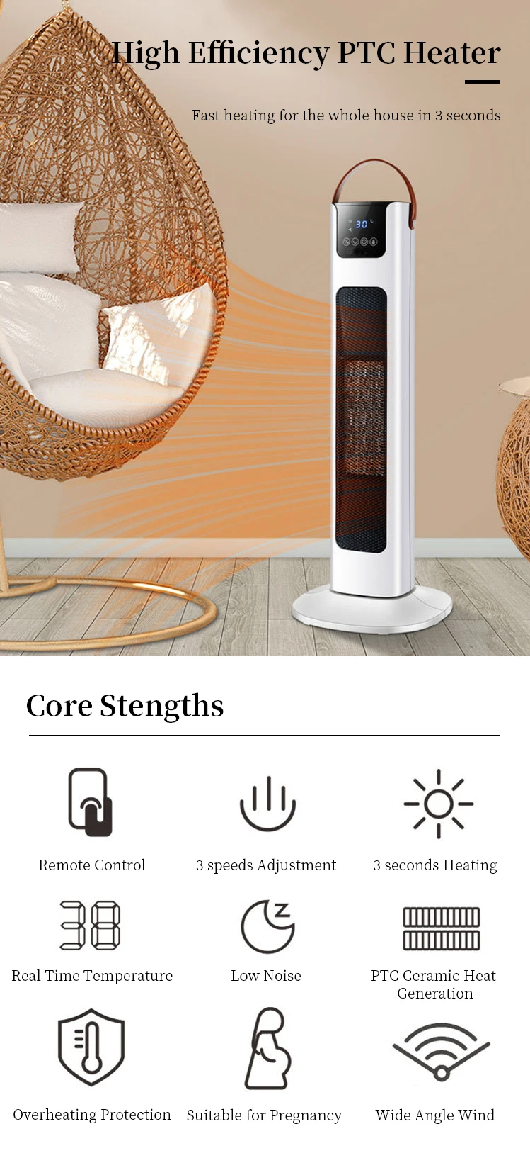 Ptc Quick Heating Heaters 3 Speeds Infrared Electric Room Heaters Fan