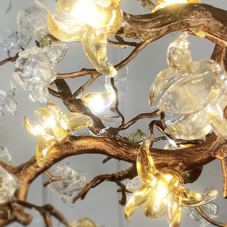 Copper Chandelier Lights with Sparkling Azure Stone Trumpet Flower Lanterns Decoration Club Ceiling Pendant Lamp