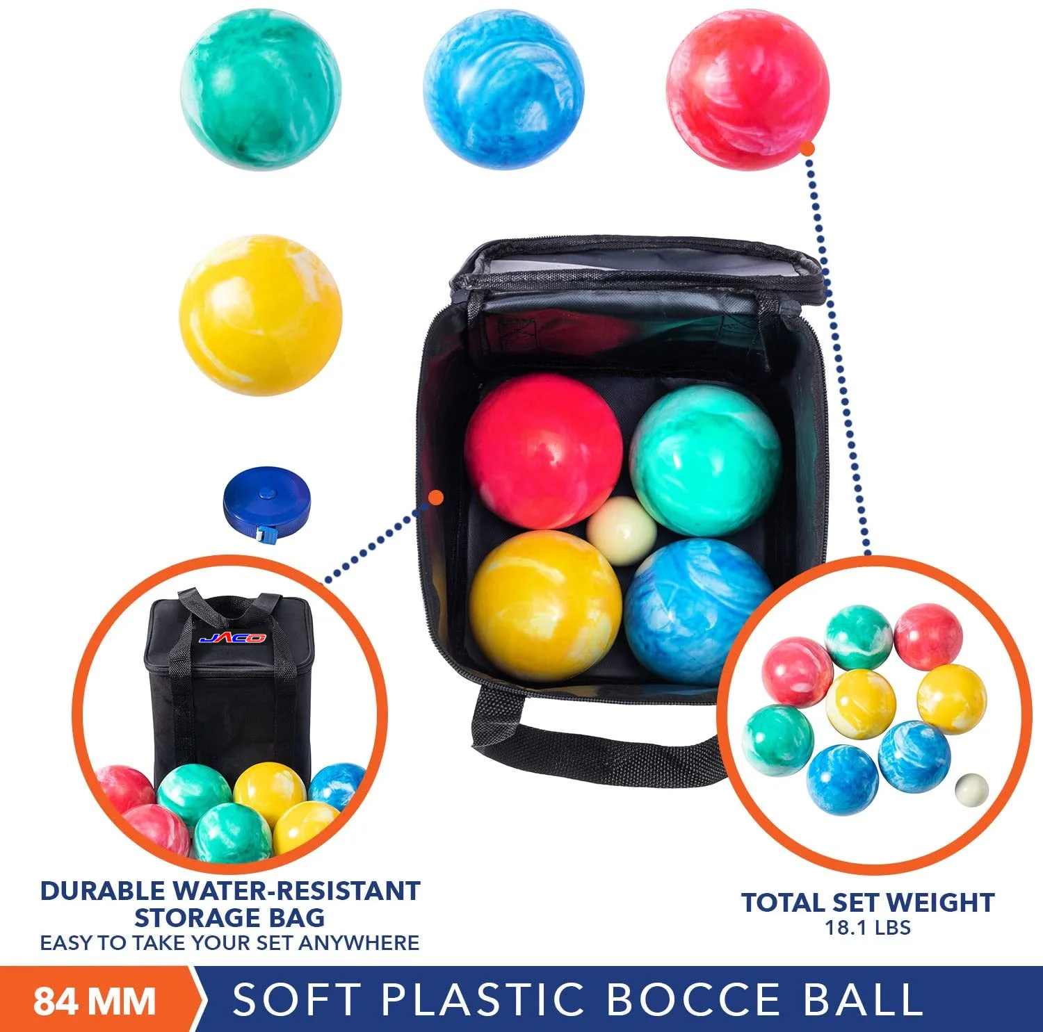 Jaco Soft Rubber 90mm Bocce Ball Set For Indoor Or Outdoor Complete