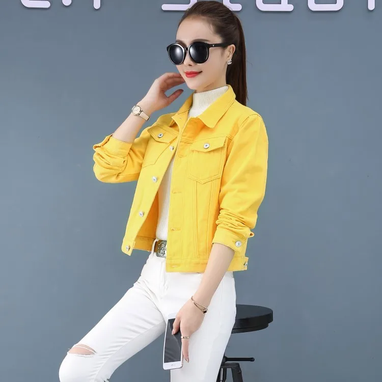 Yellow Jean Jacket For Women One Size Korean Style Denim Coat 2021 Spring  Fall New Short Plus Size Jeans Jackets With Pocket - Jackets - AliExpress