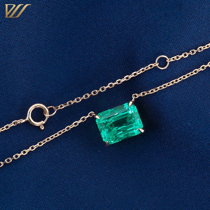 Emerald Cut 7x9 Verdant Lab Created Colombian Emerald Pendant Chain Necklace in 14k Yellow Gold Setting Fine Jewelry for Women