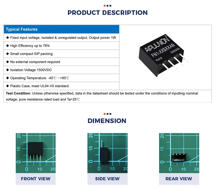 Single output DC DC converter 1W 5V 200mA isolated 78% efficiency