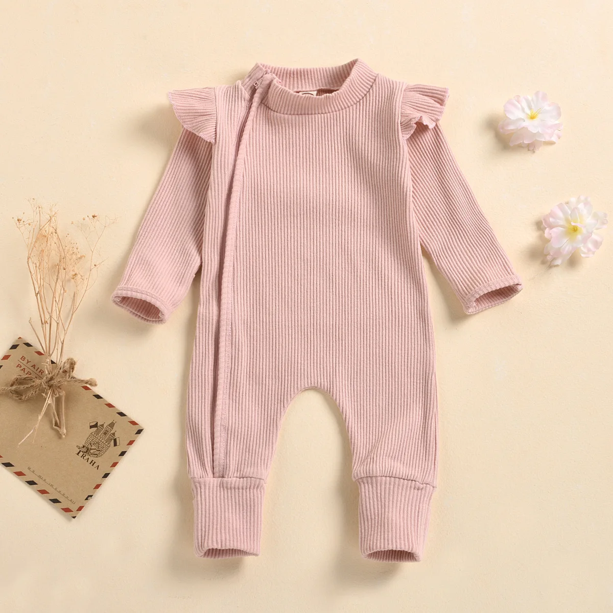 Baby Girl Rompers Newborn Ribbed Long sleeve Jumpsuit with Zipper Solid Color Bodysuit for 0-18m