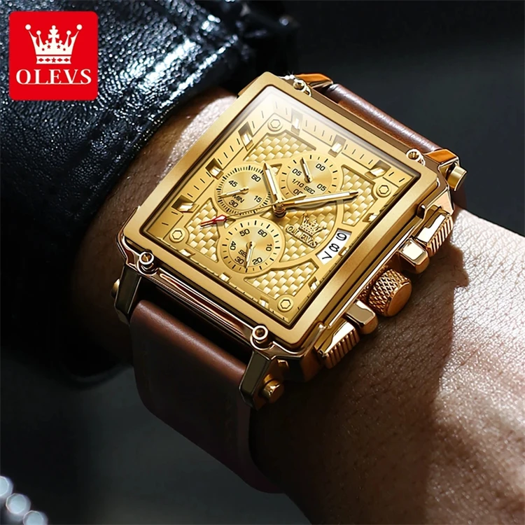 OLEVS 9925 Quartz Watch for Men Top Brand Luxury Hollow Square Sports  Watches Fashion Leather Strap Waterproof Men's Wristwatch