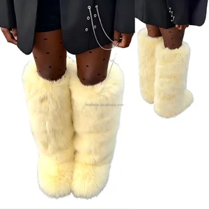 BUSY GIRL HS9283 Custom Design Boots Knee High Fur Boots Women Beige Knee-High Faux Fox Fur Boot Warm Winter Boots for Women