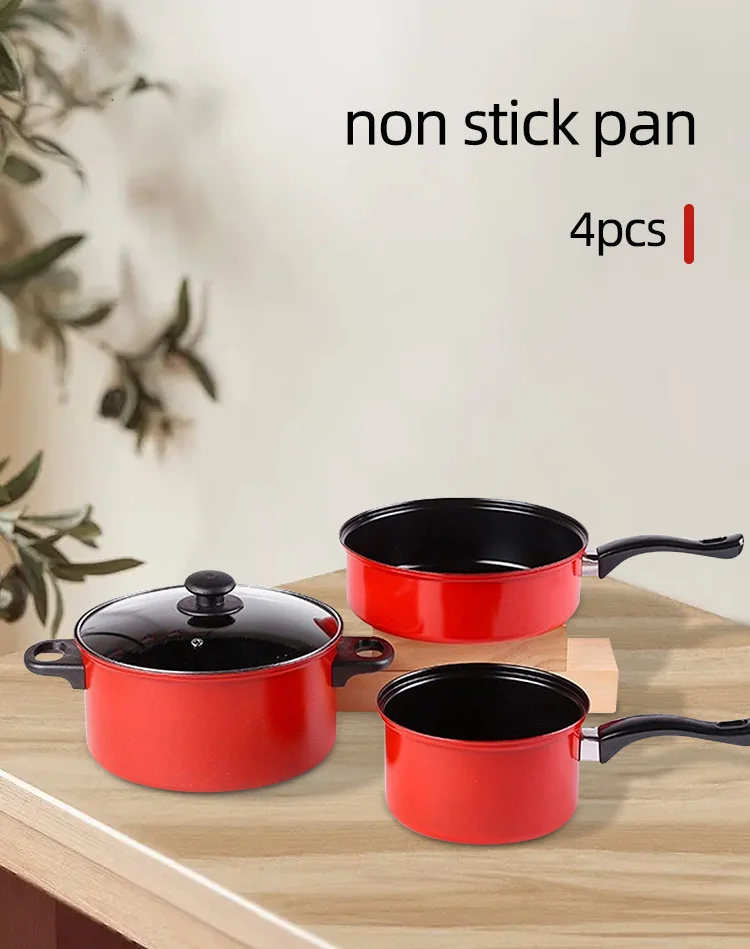 New Design Red 4 Piece Kitchen Cookware Pot Sets Iron Nonstick Pans
