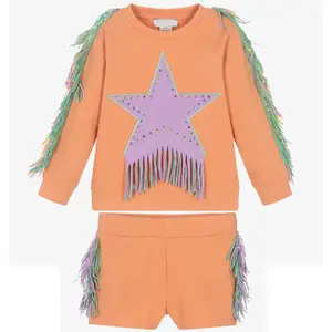 Wholesale Autumn Kids Terry Set Tassel Ironed Crystal Sweatshirt and Shorts Girls Clothing Suit