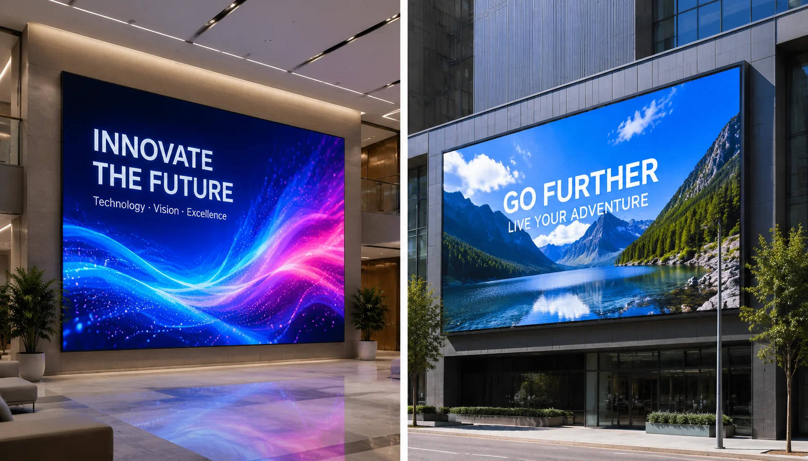 ED display screen comparison — indoor and outdoor applications side by side