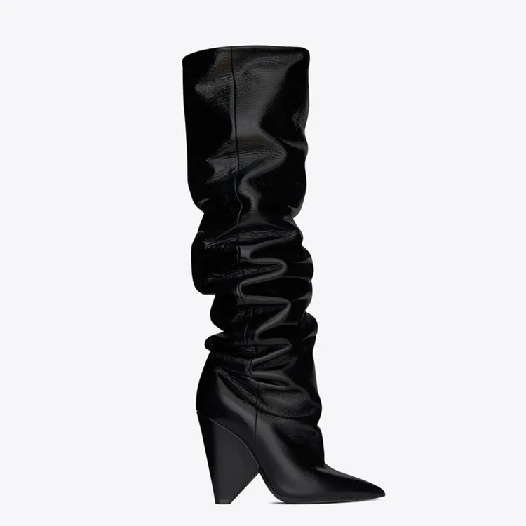 Winter Women Pull-on Special Heeled Pointed Elastic Knee High Boots - Image 1