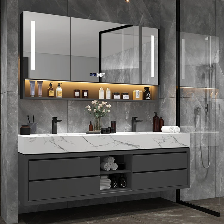 European Style Modern Floating Bath Top Double Sink Bathroom Sets Vanity Cabinet with Sink