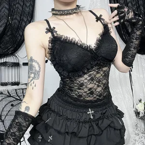 Gothic Lace Long Bell Sleeve Black v Neck High Waist Sexy Slim Party Club with New Goth Aesthetic 9Os Punk Style Vest Oem Odm