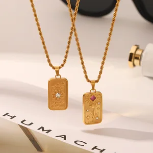 MW Fashion 18K Gold Plated Stainless Steel 3D Relief Diamond Set Flowers Octagons Rectangular Pendant Necklace Jewelry Women