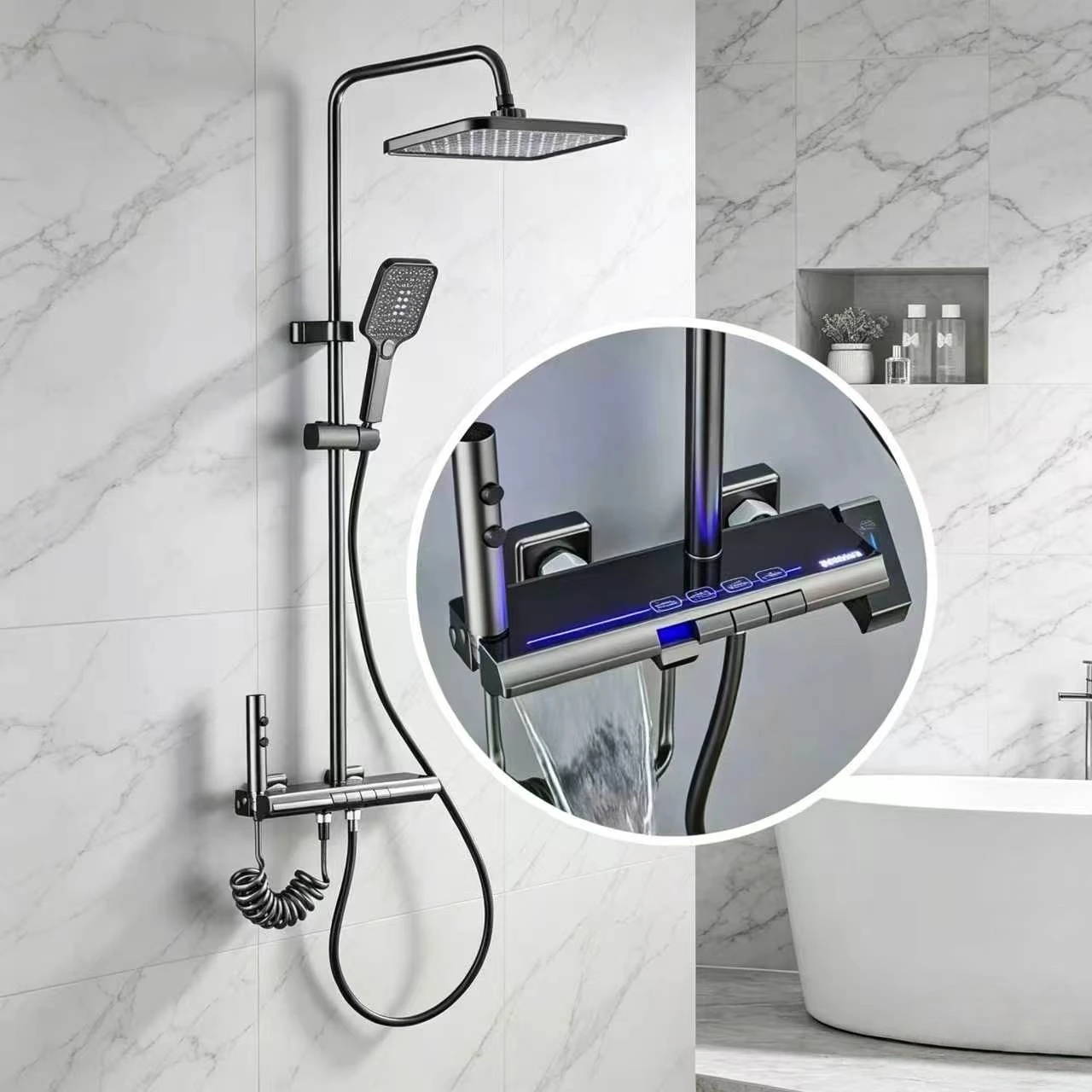 Polished chrome wall mounted shower set with LED digital temperature display