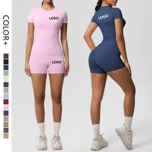 High Waist Gym Shorts Short Sleeve Top Fitness Sportswear Yoga Workout Two Piece Set Women Clothing