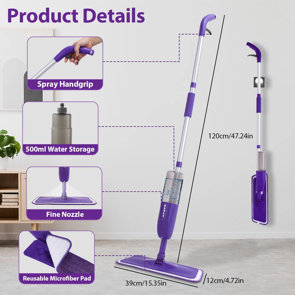 DARIS Magic Wet and Dry Floor Spray Mop Microfiber Flat Mops with 500ml Water Tank for Home Kitchen House Cleaning Appliances