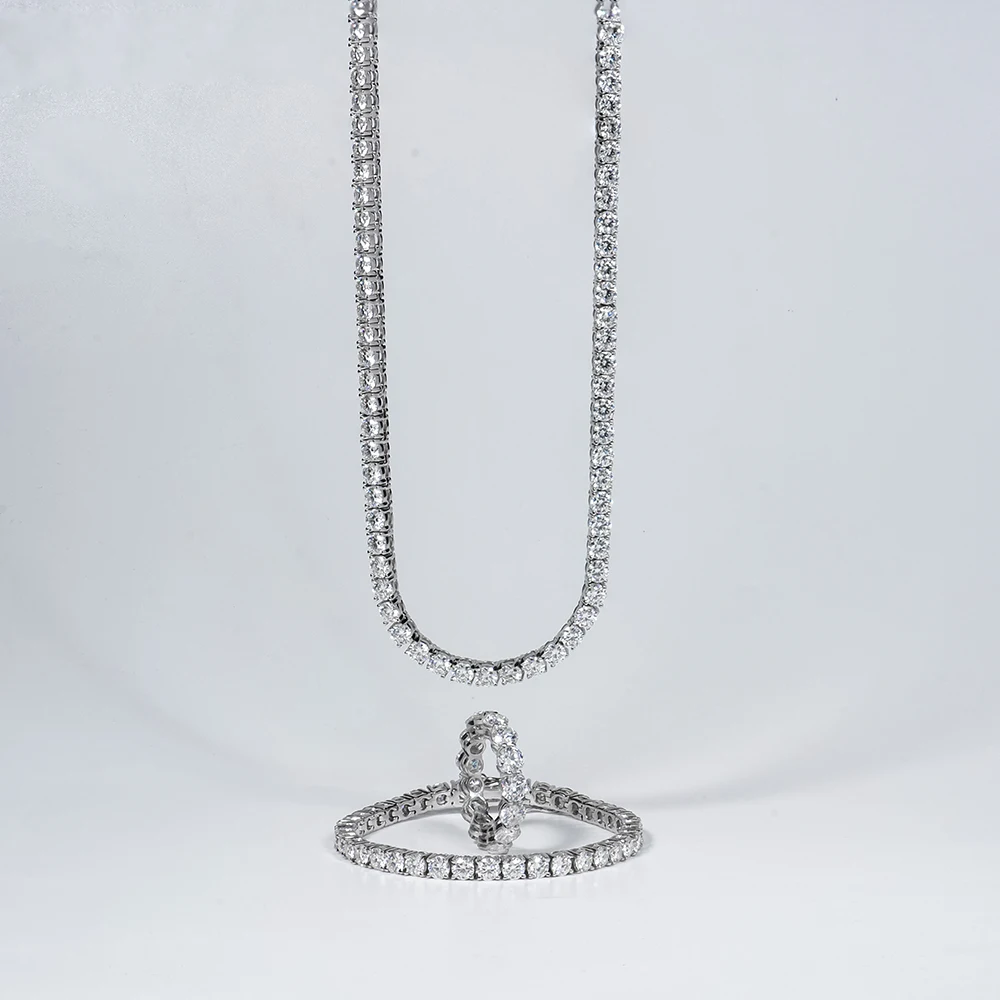 925 Sterling Silver Necklace 4mm D Color VVS Moissanite Round Brilliant Cut Gemstone Diamond Necklace Tennis Chain Necklace