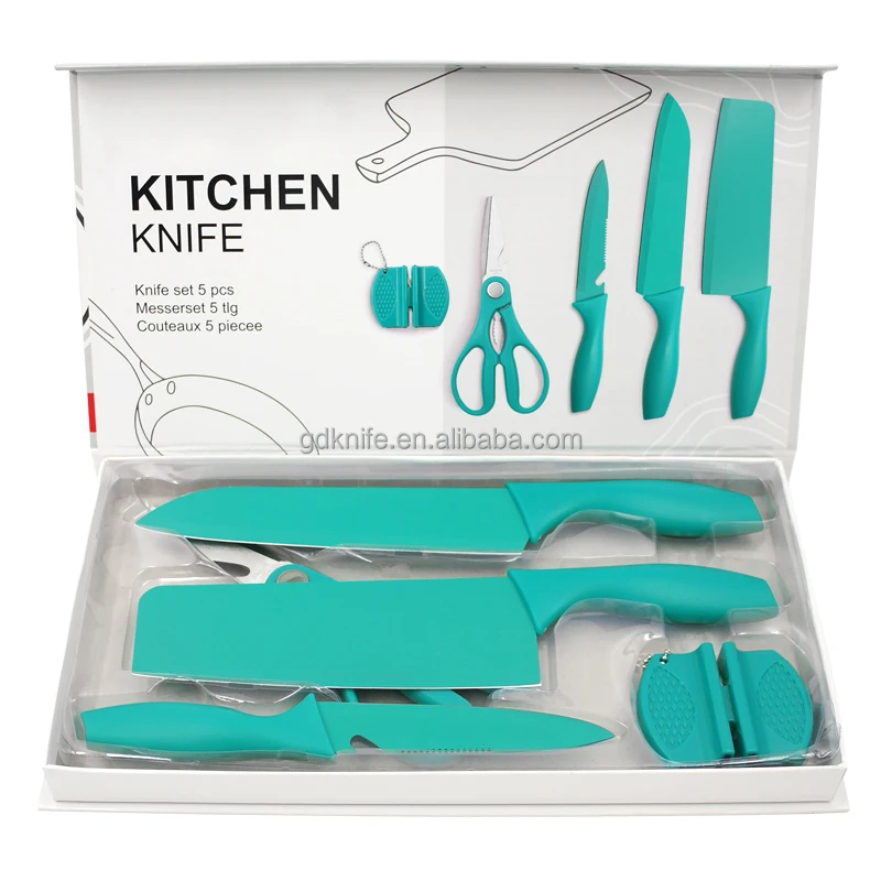 Best selling 5 pieces non stick green coating knives set stainless steel kitchen knife set with gift box