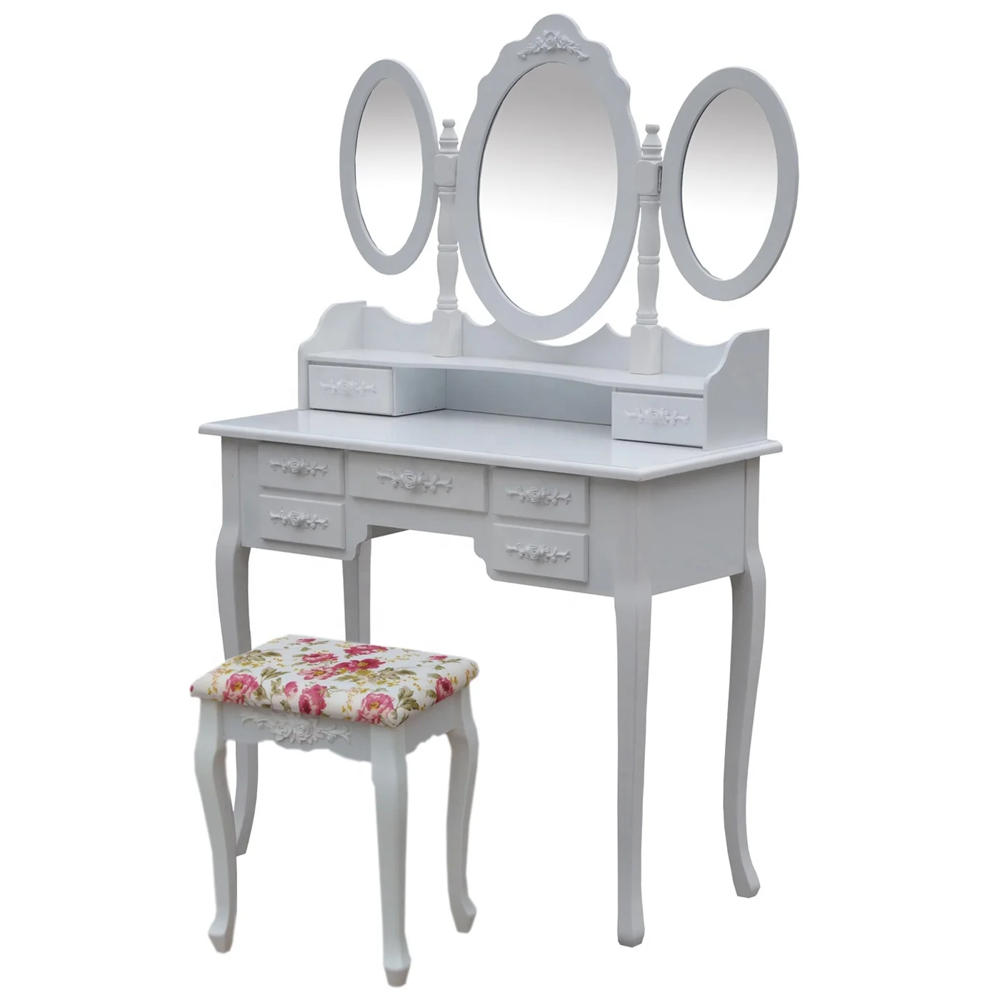 7 Drawers Antique Vanity Set Wood Make Up Dresser With Folding Mirror Buy Antique Dresser With Mirror