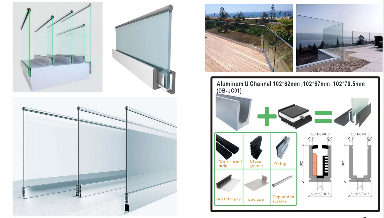 Fashion Design Aluminium U Channel Frameless Glass Railings with LED Light for Balcony Balustrade details