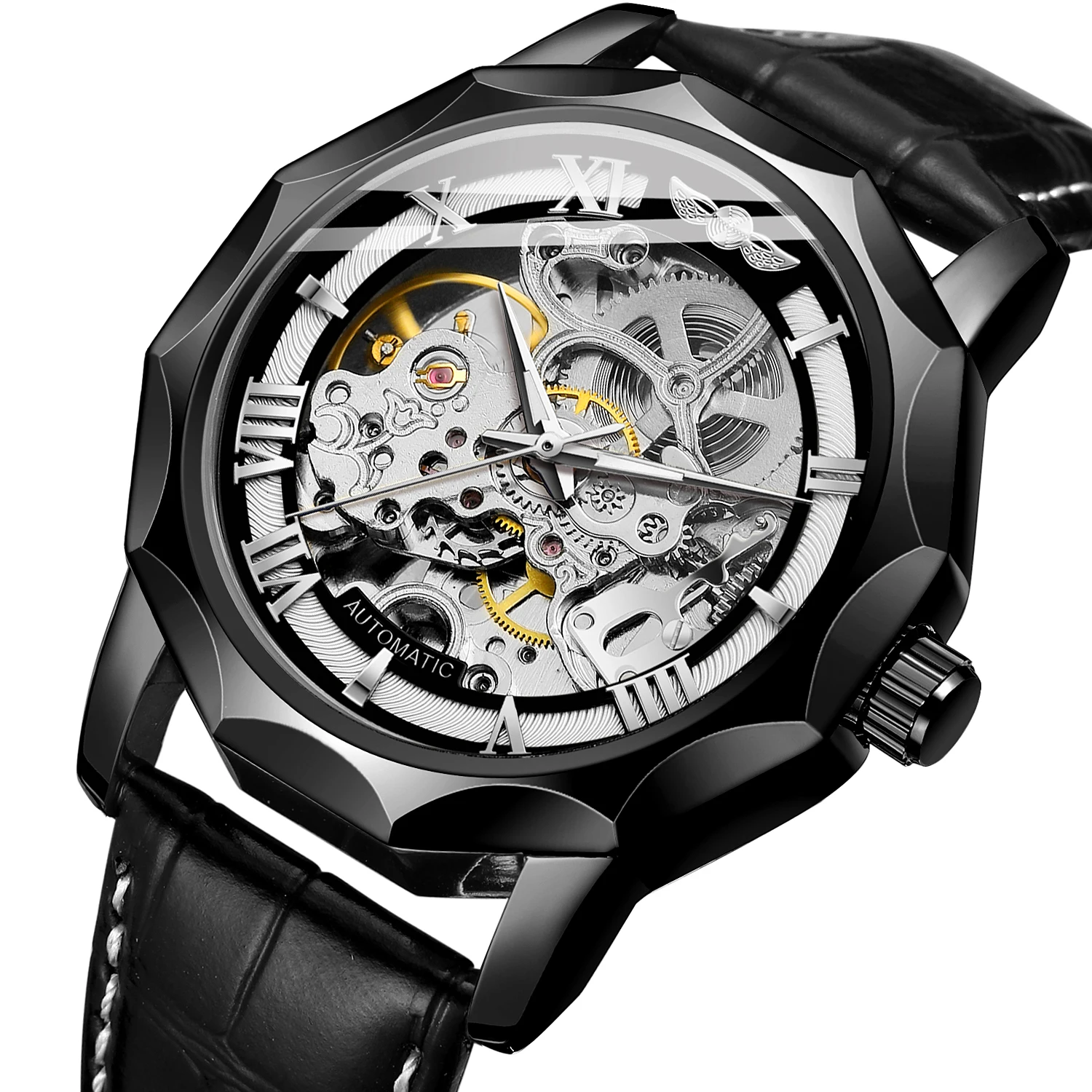 Men's Shanghai Automatic Skeleton Watch with Alarm New Genuine Leather Strap Charm Style