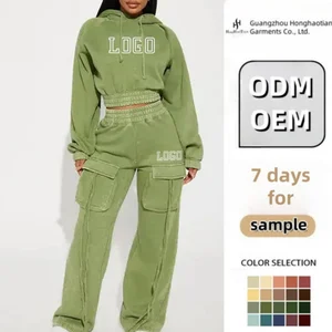 Custom Embroidery Washed Cropped Sport Street Wear Custom Logo Zip up Two 2 Piece Sweatpants and Hoodie Set Joggers Tracksuits