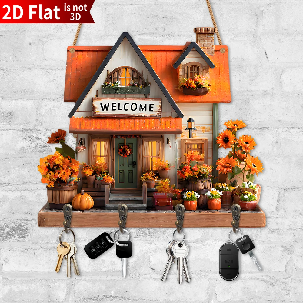 Colorful Floral Town Wood Carving Holder Single-Tier Wall Mounted Key Rack 4 Hooks Easy For Home Decor Tool Organization_voghion.com