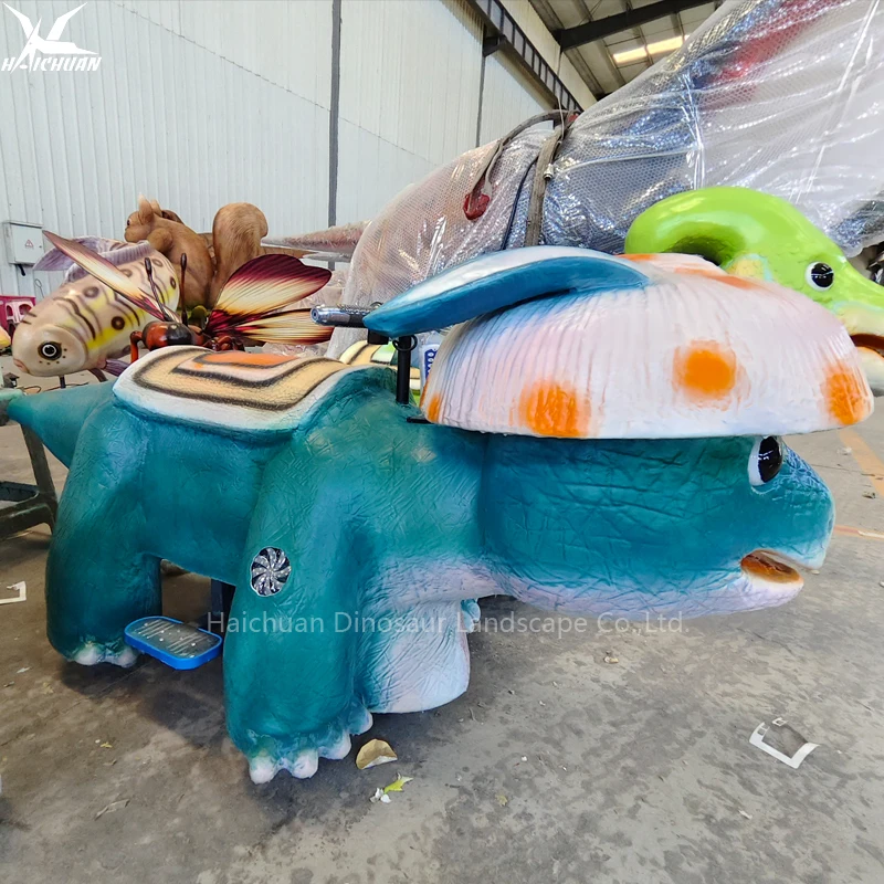Dino Scooter Baby Coin Operated Electric Animatronic Walking Cartoon Dinosaur Ride Car Cute Hat for Metal Sports Park Airport