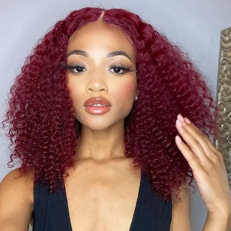 Peluca de cabello humano rizado color burdeos 99J con cierre de 4x4 y encaje frontal, peluca corta estilo bob_voghion.com