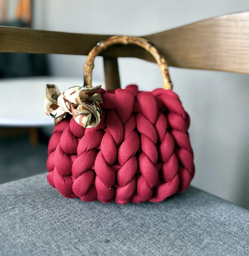 Handmade Corduroy Woven Knit Satchel Purse Handbag Shoulder Women's Knit Clutch Bag
