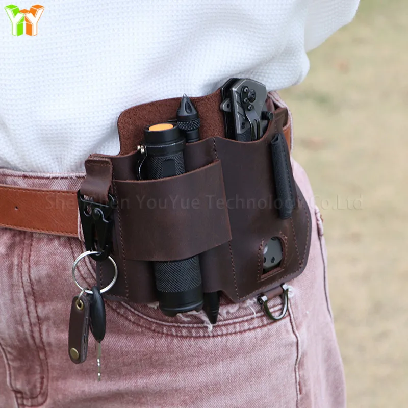 Handmade Leather Sheath Folding Knife Flashlight Holder EDC Tool POUCH ...