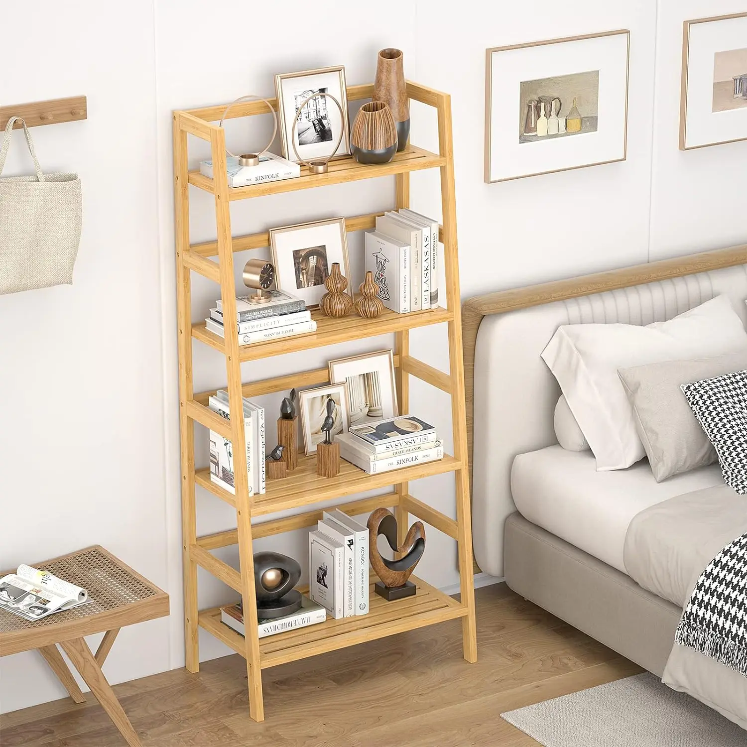 Freestanding Open Bookcase Book Shelf Bathroom Storage Shelves Unit Plant Stand Bamboo Bookshelf 4-Tier Ladder Shelf
