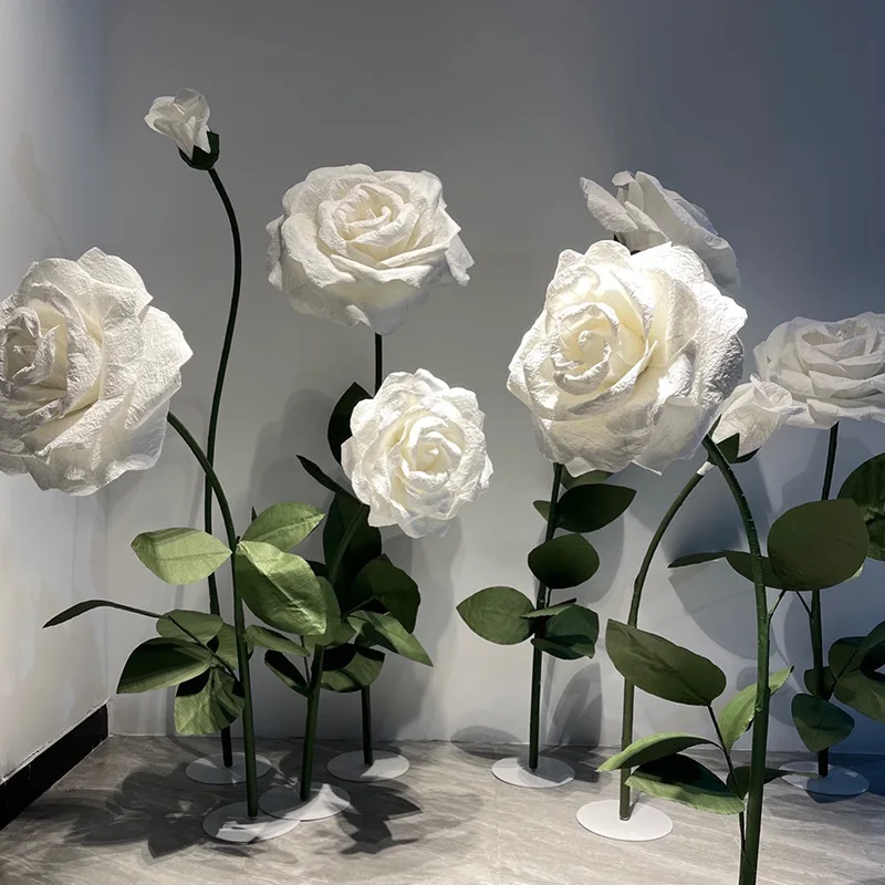 CNZ02 Large Standing Wrapping Long Stem Base Paper White Rose Flower Wall Bouquet for Wedding Decoration Party
