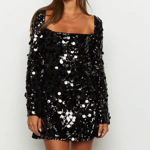 Black Sequin Ball Gown Dress  New Style Decorated Natural Waistline Mini Sleeves Breathable Washable Solid Fashion