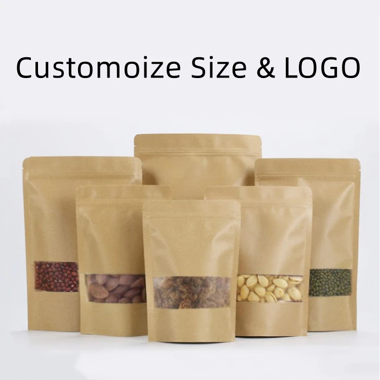 Custom Printed Packaging for Coffee for Tea Resealable Doypack Zipper Stand up Pouch Brown Kraft Paper Bags With Clear Window