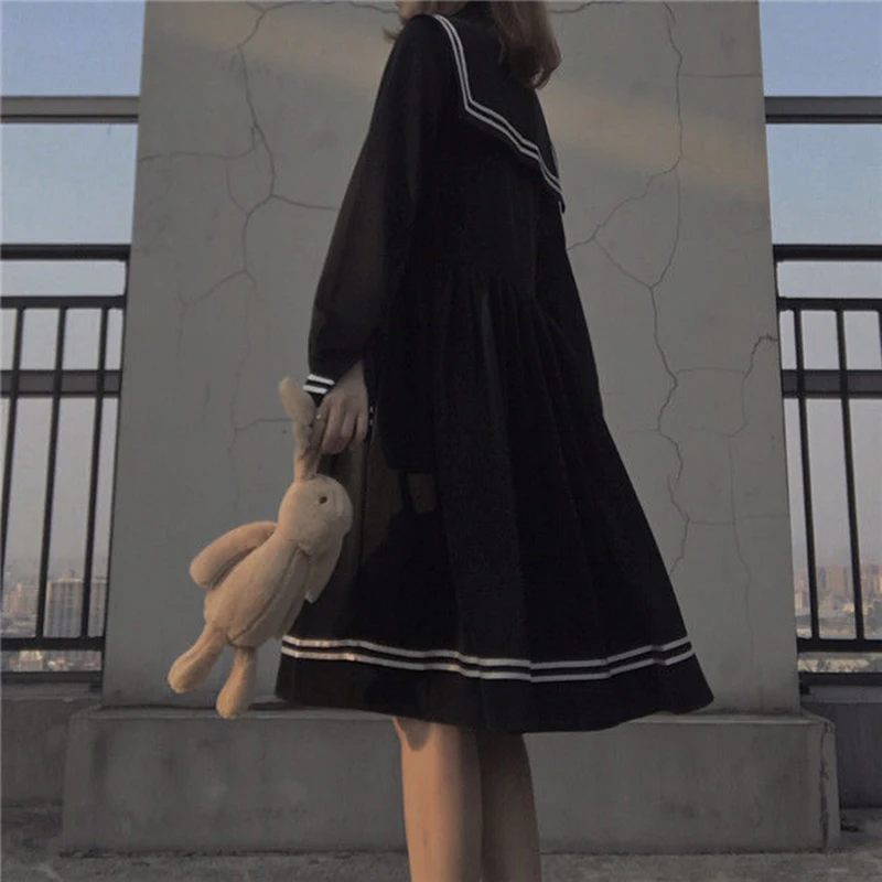 YUNCHENG Japonaise Lolita Robe Kawaii Sweet Bowknot Robe à Manches Longues Noir Longueur de la Marine Robe Bleue Preppy Fête Femmes Robe été Size : Small 