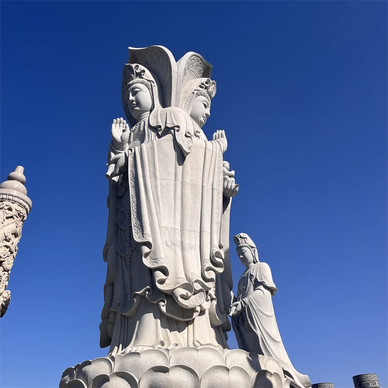 product china custom hand carved three face guanyin statue for outdoor decor large buddha stone sculpture-2