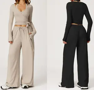 Cusstom Logo Comfortable Women's Activewear Yoga Long-sleeve Bandage Tops Sets Workout Running Casual Pants Gym Fitness Sets