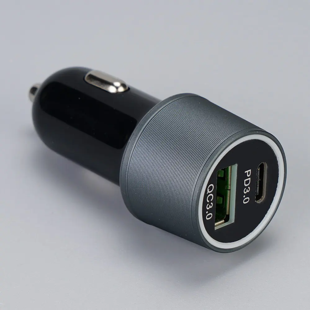  1 USB-A + 1 USB Type-C PD3.0 QC3.0 Black With Indicating Light Round Car charger DC12V-24V 3081
