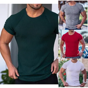 Summer Men's Sports and Leisure Vertical Elastic Vertical Round Neck Short Sleeved T-shirt