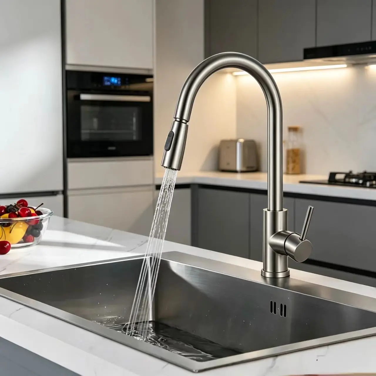 Pull-out kitchen faucet in contemporary setting Modern pull-out kitchen sink faucet installed on countertop
