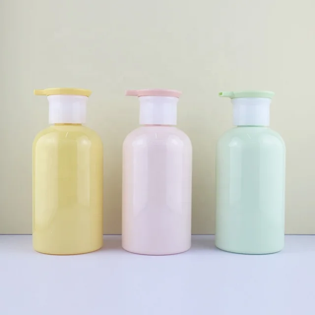 Environmental STOCK LOW MOQ 300ml pink green yellow PET plastic shampoo bottle with Pump Fancy new body wash lotion gel bottles
