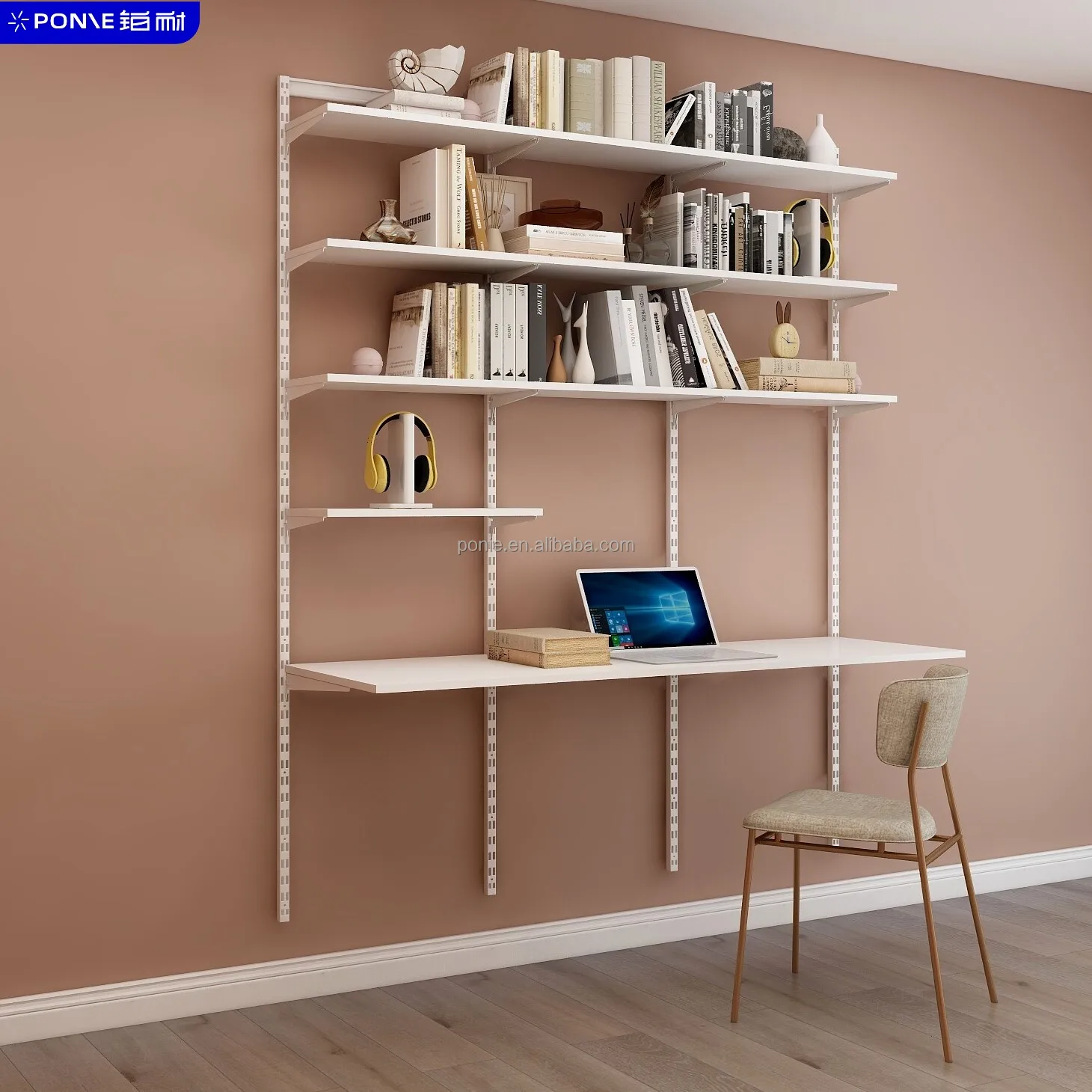 1.8M Large Minimalist Design Bookshelf with Desk Drawers Wall Mounted Furniture for Living Room Bedroom School Warehouse