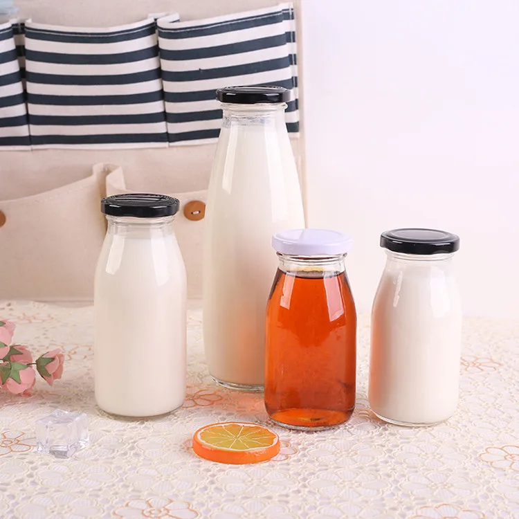 Customized 200ml 250ml 500ml 1000ml clear Round Glass Milk Bottle With Metal Cap