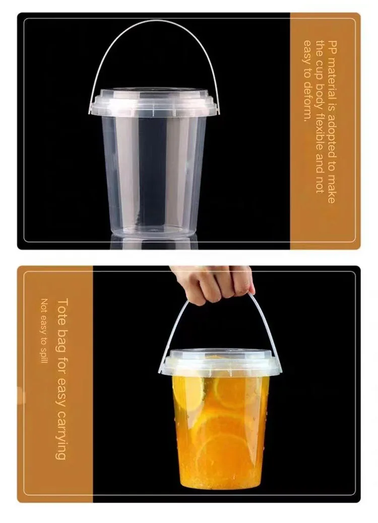 Custom 32oz Clear Fruits Buckets Cups With Handle Wholesale Disposable